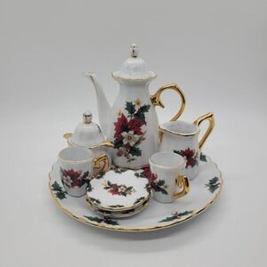 Formalities by Baum Bros Christmas Poinsettia Miniature Tea Set 10pc Gold Trim